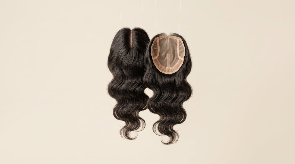 Topper Edición Esencial de cabello negro ondulado sobre fondo claro, con la base a la vista