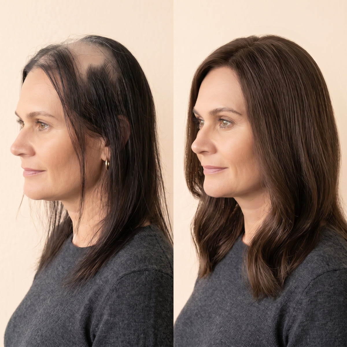 La misma mujer antes y después: raya y coronilla con menos densidad y, después, con el volumen recuperado gracias a un topper.